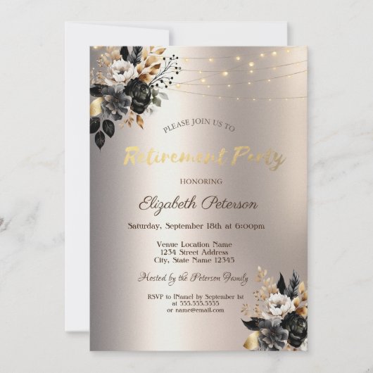 Black Rose String Light Ivory Retirement Party Einladung (Vorderseite)