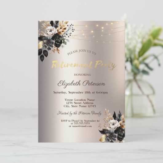 Black Rose String Light Ivory Retirement Party Einladung (Stehend Vorderseite)