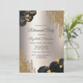 Black Roses Glitter Drips Ivory Retirement Party Einladung (Stehend Vorderseite)