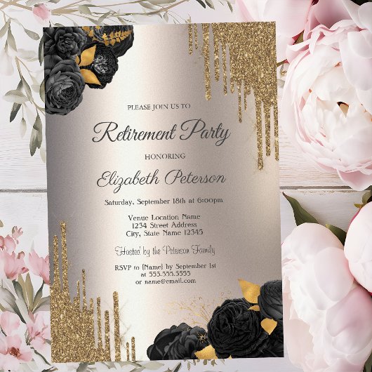 Black Roses Glitter Drips Ivory Retirement Party Einladung