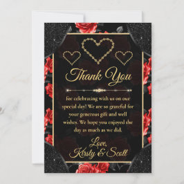 Black & Rote Rose Pattern & Gold Diamonds Wedding Dankeskarte
