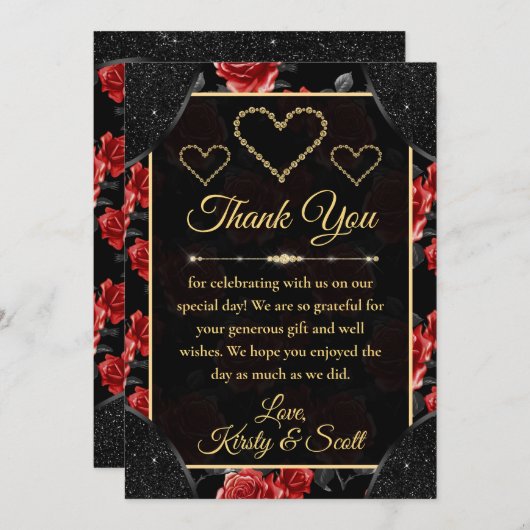 Black & Rote Rose Pattern & Gold Diamonds Wedding Dankeskarte (Vorne/Hinten)