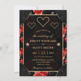 Black & Rote Rose Pattern & Gold Diamonds Wedding Einladung