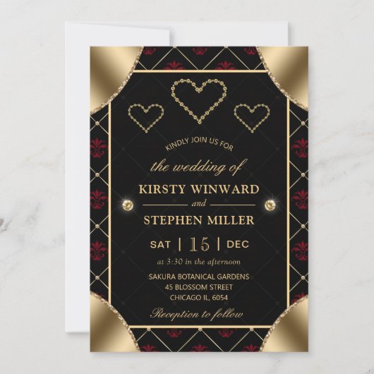 Black & Rote Rose Pattern & Gold Diamonds Wedding Einladung (Vorderseite)