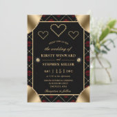 Black & Rote Rose Pattern & Gold Diamonds Wedding Einladung (Stehend Vorderseite)