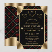 Black & Rote Rose Pattern & Gold Diamonds Wedding Einladung (Vorne/Hinten)