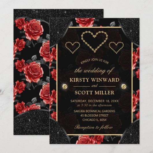 Black & Rote Rose Pattern & Gold Diamonds Wedding Einladung (Vorne/Hinten)