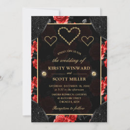 Black & Rote Rose Pattern & Gold Diamonds Wedding Einladung