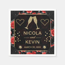 Black & Rote Rose Pattern & Gold Diamonds Wedding Serviette