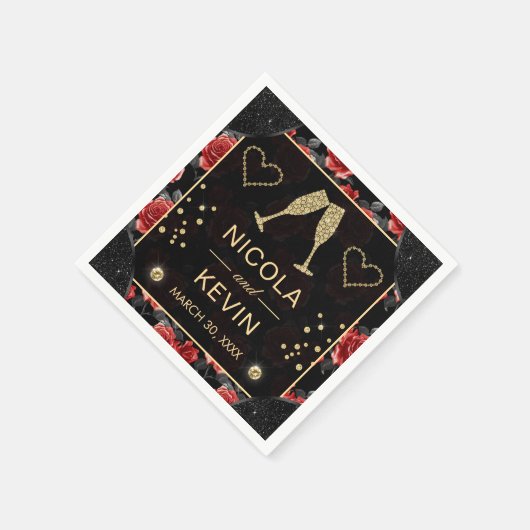 Black & Rote Rose Pattern & Gold Diamonds Wedding Serviette (Ecke)