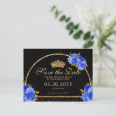 Black Royal Blue Gold Glitzer Floral Quinceanera Postkarte (Stehend Vorderseite)