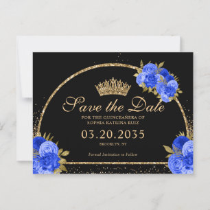 Black Royal Blue Gold Glitzer Floral Quinceanera Postkarte