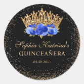Black Royal Blue Gold Glitzer Floral Quinceanera Runder Aufkleber (Vorderseite)