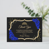 Black Royal Blue Gold Quinceanera Dankeskarte (Stehend Vorderseite)