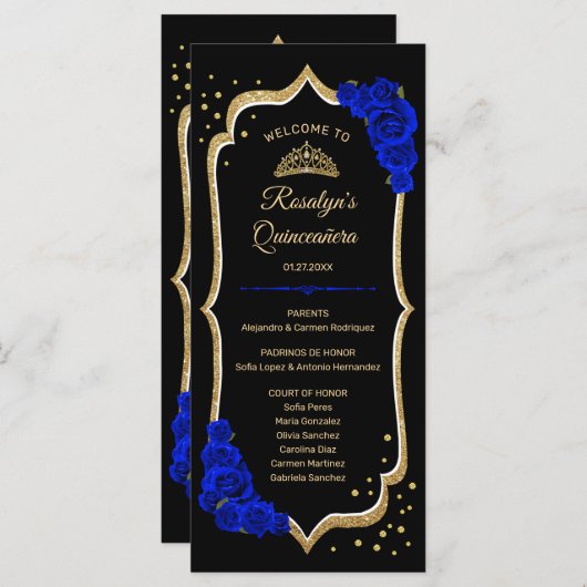 Black Royal Blue Gold Quinceanera Programm (Vorne/Hinten)
