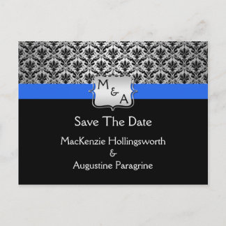 Black Royal Blue Silver Monogram Damask Gerettet D Ankündigungspostkarte