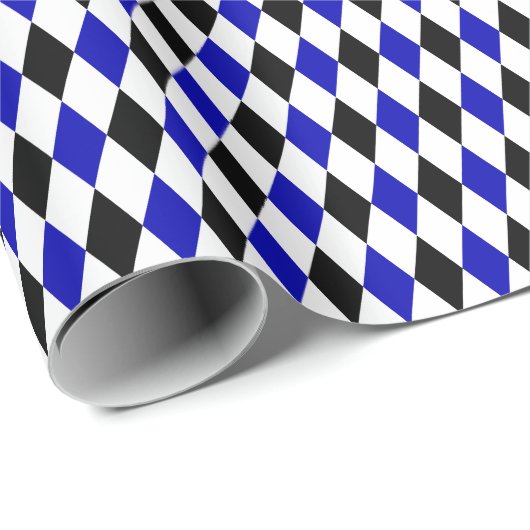 Black, Royal Blue und White Harlequin Geschenkpapier (Rolleneckpunkt)