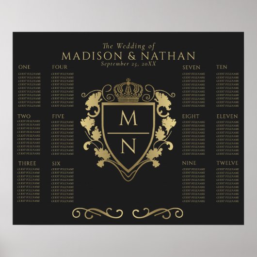 Black Royal Fantasy Monogram Wedating Seating Poster (Vorne)