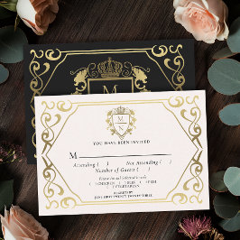 Black Royal Fantasy Monogram Wedding RSVP Begleitkarte