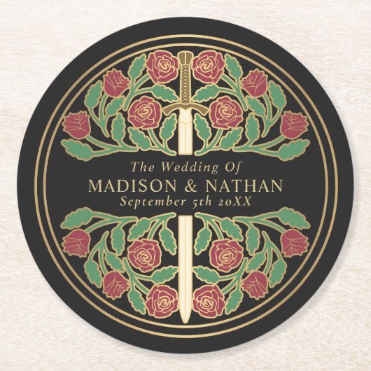 Black Royal Medieval Gold Sword Wedding Runder Pappuntersetzer (Vorderseite)