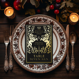 Black Royal Medieval Lion Wedding Foil Table Card Folieneinladung