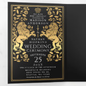 Black Royal Medieval Lion Wedding Tri-Fold Dreifach Gefaltete Einladung (Innen Erste Seite)