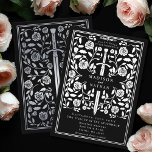 Black Royal Medieval Silver Sword Wedding Folieneinladung<br><div class="desc">Celebrate your special day with this Royal Medieval Sword Wedding design on a black background. This design features a frame with a sword and flowers. The silver on the back of this product is printed in flat colors and is NOT real foil.</div>