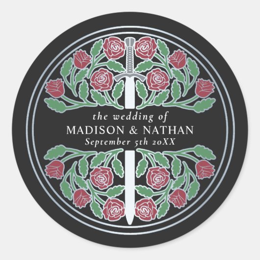 Black Royal Medieval Silver Sword Wedding Runder Aufkleber (Vorderseite)