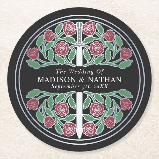 Black Royal Medieval Silver Sword Wedding Runder Pappuntersetzer (Vorderseite)