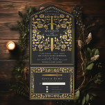Black Royal Medieval Sword Wedding All In One Einladung<br><div class="desc">Feiern Sie Ihren besonderen Tag mit diesem königlich-mittelalterlichen Schwert Hochzeitsdesign. Das Design auf der Rückseite des Einladens ist KEINE echte Goldfolie. Sie können dies durch einen Klick auf "PERSONALISIEREN" weiter anpassen.</div>