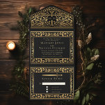 Black Royal Medieval Sword Wedding All In One Einladung<br><div class="desc">Feiern Sie Ihren besonderen Tag mit diesem königlich-mittelalterlichen Schwert Hochzeitsdesign. Das Design auf der Rückseite des Einladens ist KEINE echte Goldfolie. Sie können dies durch einen Klick auf "PERSONALISIEREN" weiter anpassen.</div>