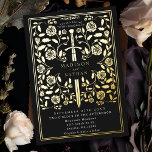 Black Royal Medieval Sword Wedding Folieneinladung<br><div class="desc">Feiern Sie Ihren besonderen Tag mit diesem königlich-mittelalterlichen Schwert Hochzeitsdesign. Dieses Design verfügt über einen Rahmen mit Schwert und Blume. Die Rückseite dieses Produktes ist flach bedruckt und NICHT echter Folie.</div>