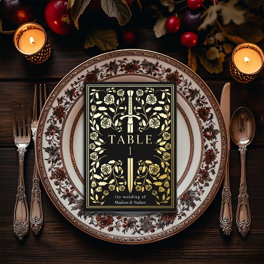 Black Royal Medieval Sword Wedding Table Card Folieneinladung