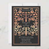 Black Royal Mittelalterliche Rose Goldschwert Hoch Einladung (Vorderseite)