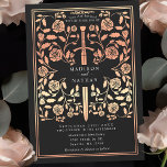 Black Royal Mittelalterliche Rose Goldschwert Hoch Einladung<br><div class="desc">Treten Sie ein in die Geschichte von Romantik und Legende! Diese mittelalterlichen Fantasy Hochzeitseinladungen zeigen ein echtes Schwert, das mit goldenen Rose-Blüten in einem schwarzen Hintergrund verstrickt ist. Sie sind ideal für Paare, die eine bezaubernde und zeitlose Touch für ihren besonderen Tag suchen. Beachten Sie, dass das Rose-Gold auf diesen...</div>