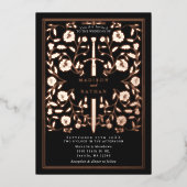 Black Royal Mittelalterliche Rose Goldschwert Hoch Folieneinladung (Vorderseite)