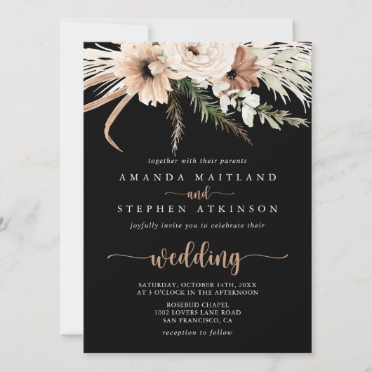 Black Rustic Boho Floral Front & Back Wedding Einladung (Vorderseite)