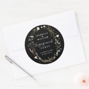 Black Rustic Boho Wildblume Engagement Party Runder Aufkleber