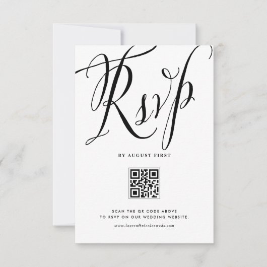 Black Rustic Calligraphy QR Code Wedding RSVP Karte (Vorderseite)