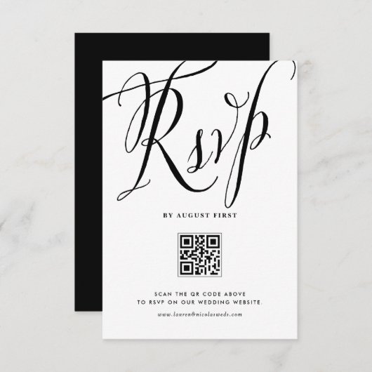 Black Rustic Calligraphy QR Code Wedding RSVP Karte (Vorne/Hinten)