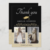 Black Rustic Elegante Ornament 2 Foto Abschluss Dankeskarte (Vorne/Hinten)