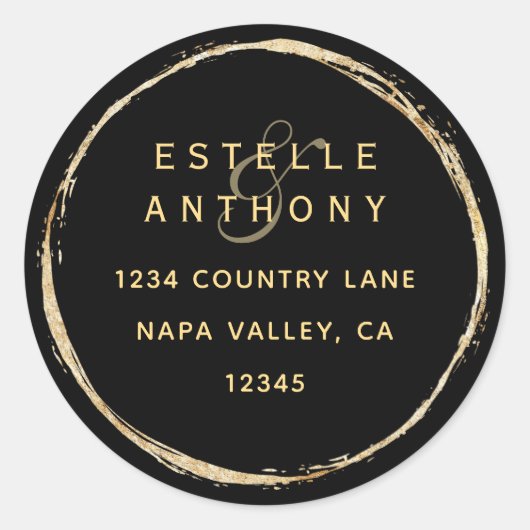 Black Rustic Gold Circle Ampere und Rücksendeadres Runder Aufkleber (Vorderseite)