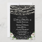 Black Rustic White Roses String Lights Wedding Einladung (Vorderseite)