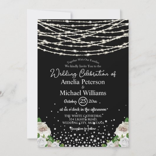 Black Rustic White Roses String Lights Wedding Einladung (Vorderseite)