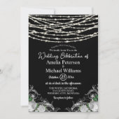 Black Rustic White Roses String Lights Wedding Einladung (Vorderseite)