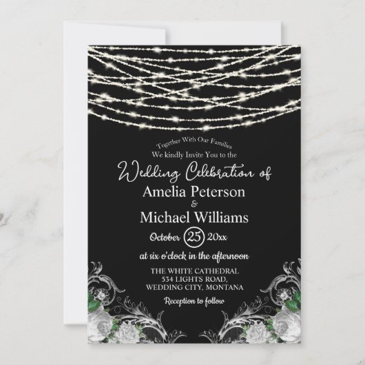 Black Rustic White Roses String Lights Wedding Einladung (Vorderseite)