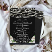 Black Rustic White Roses String Lights Wedding Einladung