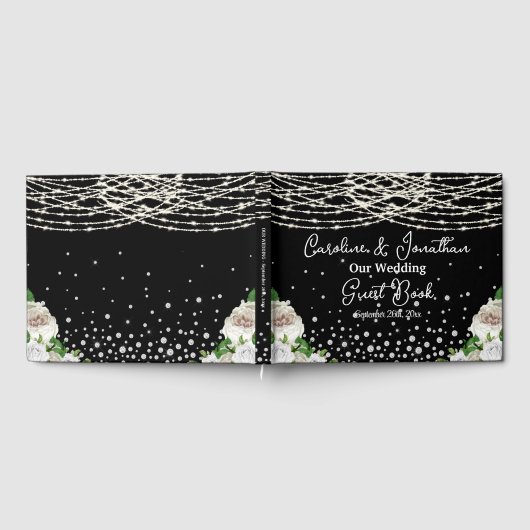 Black Rustic White Roses String Lights Wedding Gästebuch (Voll)