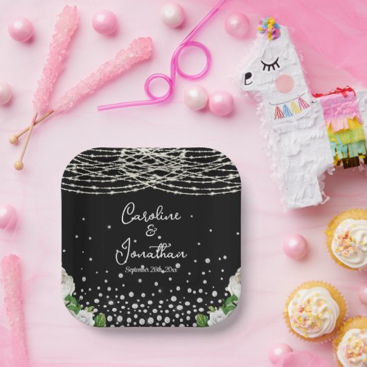 Black Rustic White Roses String Lights Wedding Pappteller (Party)