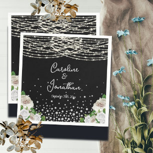 Black Rustic White Roses String Lights Wedding Serviette